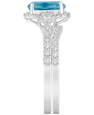 Swiss Blue Topaz (2-1/8 ct. t.w.) & Diamond (1/2 ct. t.w.) Halo Bridal Set in 14k White Gold