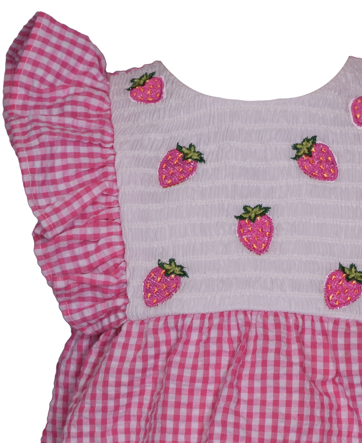 Shop Bonnie Baby Baby Girls Sleeveless Seersucker Check Bubble With Strawberry Applique In Pink