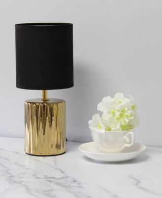 11.61" Tall Contemporary Ruffled Metallic Gold Capsule Bedside Table Desk Lamp with Black Drum Fabric Shade