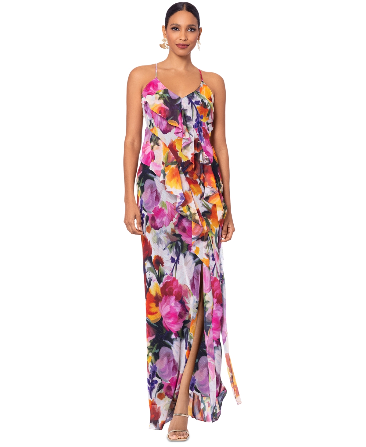Betsy & Adam Petite Floral Ruffle-front Long Dress In Multi