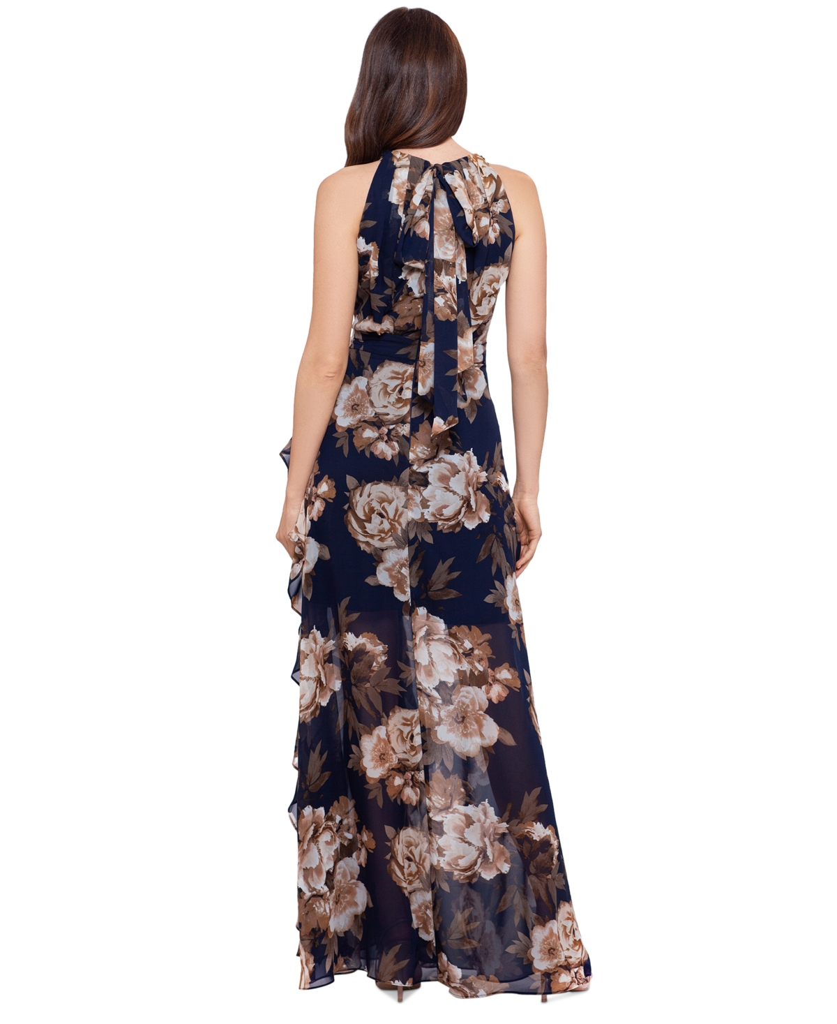 Shop Betsy & Adam Petite Chiffon Floral-print Ruffle Dress In Navy,antique