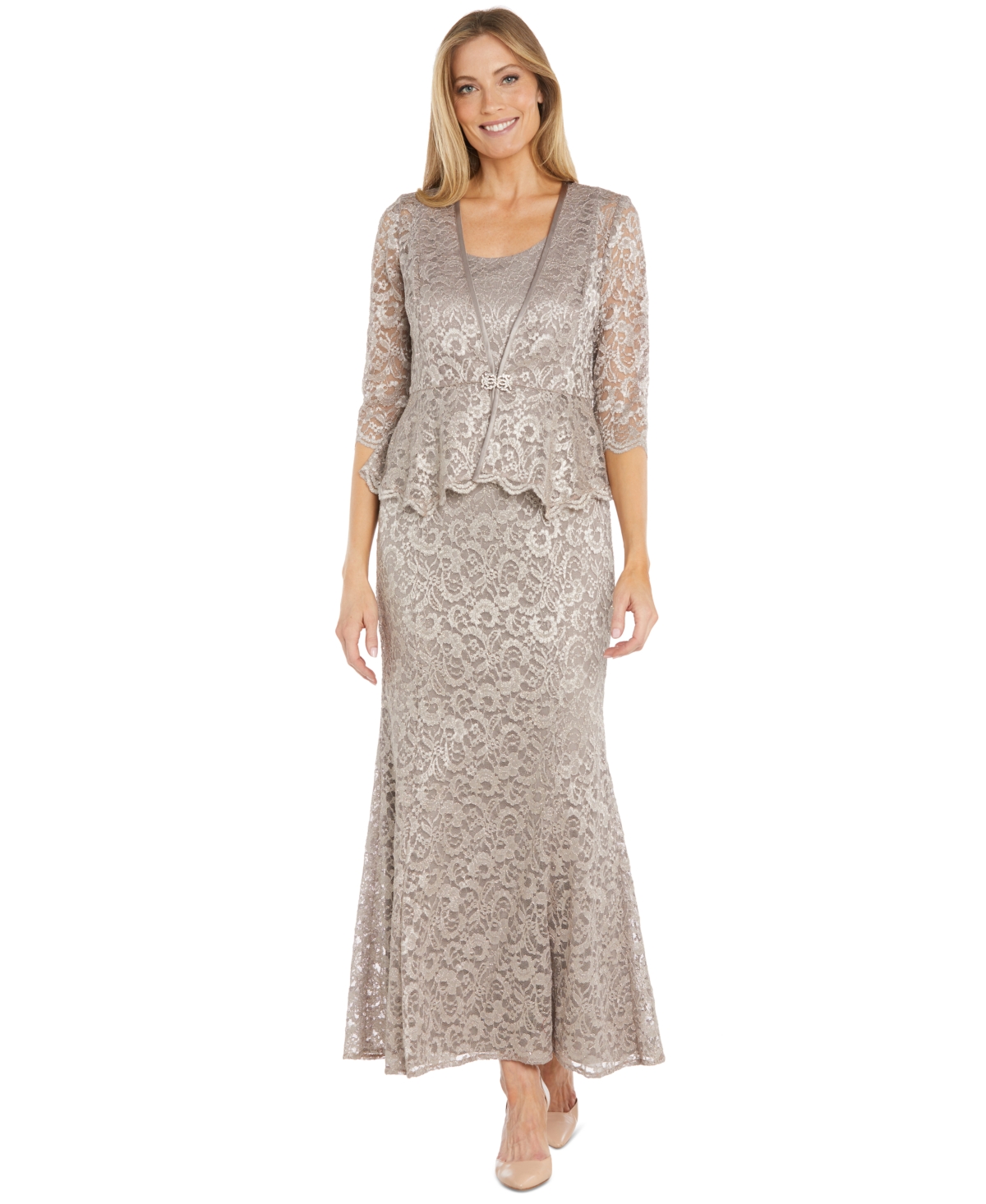 Shop R & M Richards Women's Glitter Lace Gown & Jacket In Champagne
