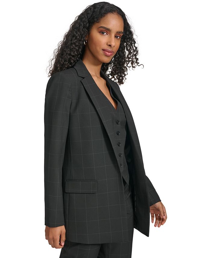 Calvin Klein Women's Windowpane Roll Tab Blazer Black Size 16