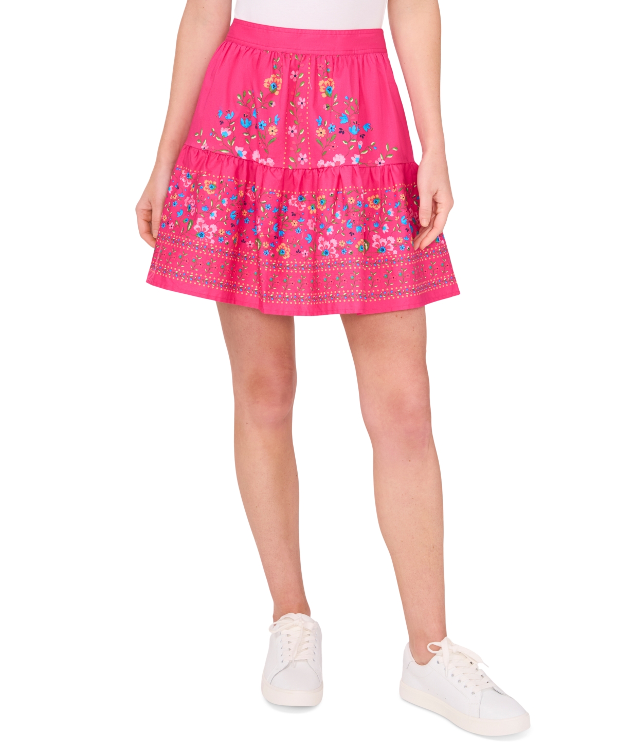 Cece Floral Tiered Miniskirt In Beetroot Pink