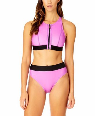 Women's Optical Illusion Zip Longline Bra Swim Top