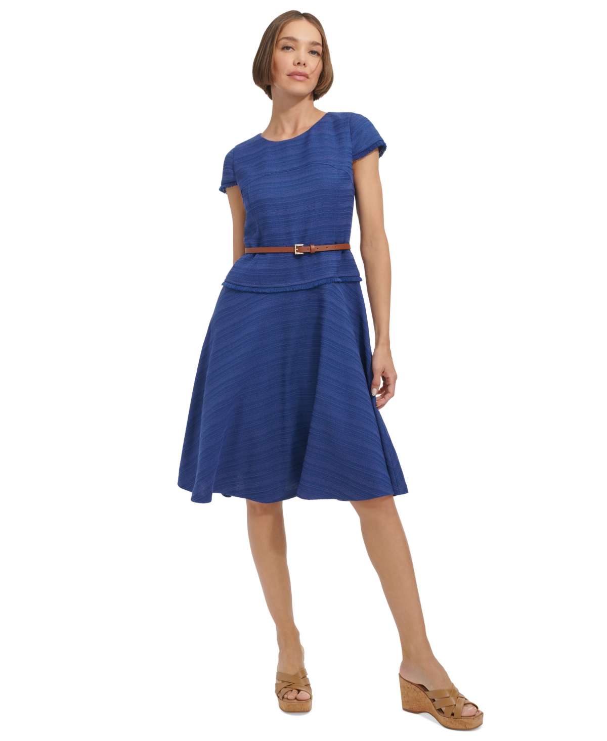 Women's Belted Cap-Sleeve Fit & Flare Dress - Gulf Blue