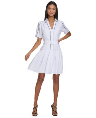 KARL LAGERFELD PARIS - Women's Puff-Sleeve Belted A-Line Dress