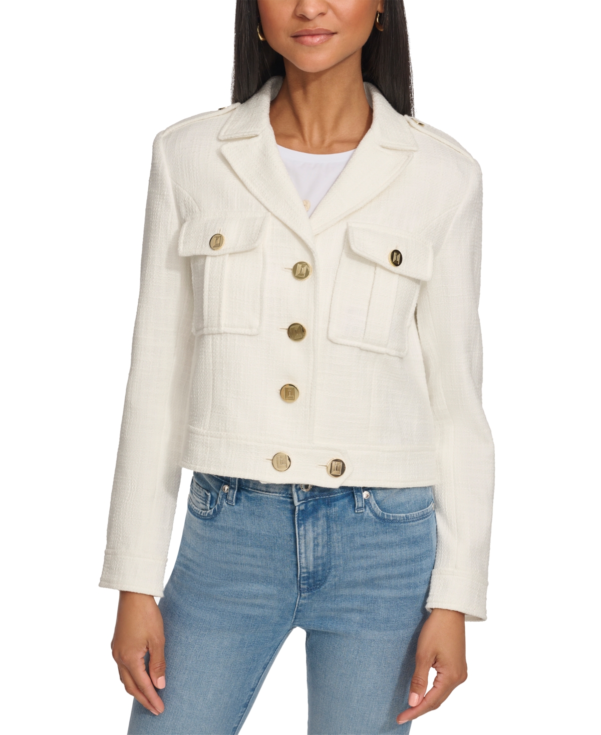 Shop Karl Lagerfeld Women's Cropped Tweed Jacket In Soft White