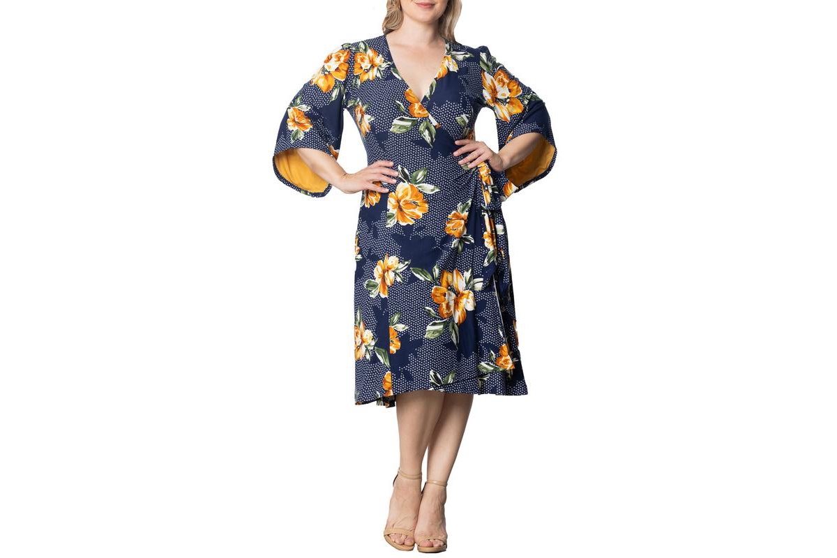 Plus Size Gemini Wrap Dress with Contrast Lined Sleeves - Amber blossoms