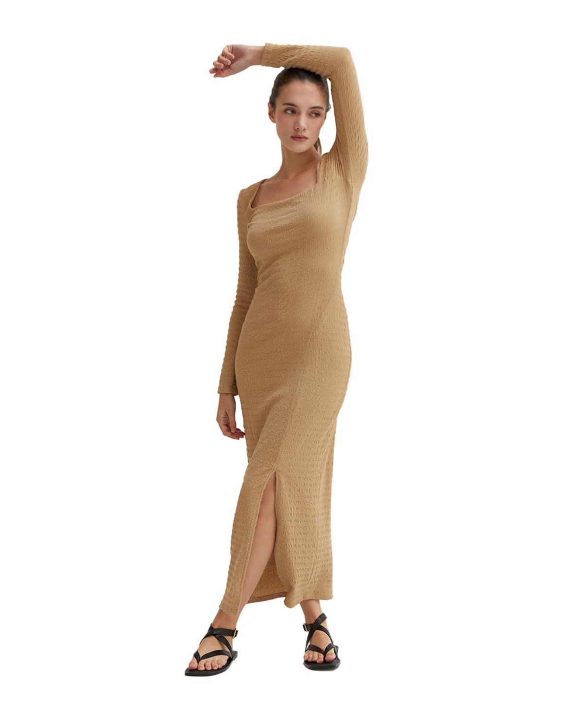 Women's Irene Square Neck Textured Maxi Dress - Light beige + camel