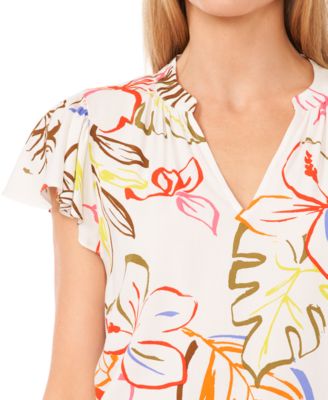 Women's Tropical-Print V-Neck Flutter Short-Sleeve Blouse