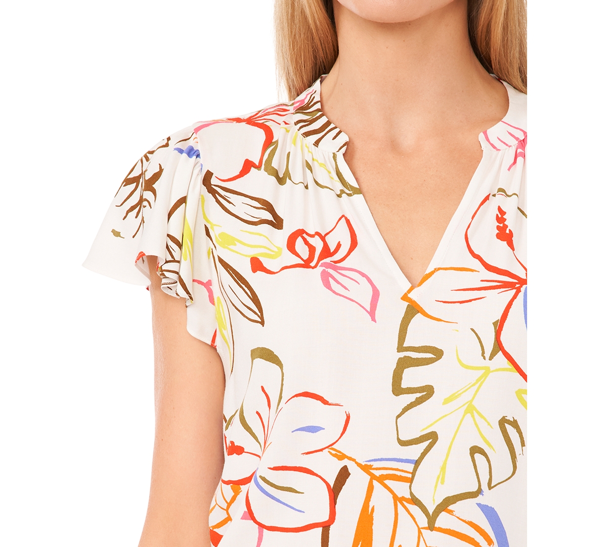 Cece Floral Print Flutter Sleeve Top In New Ivory
