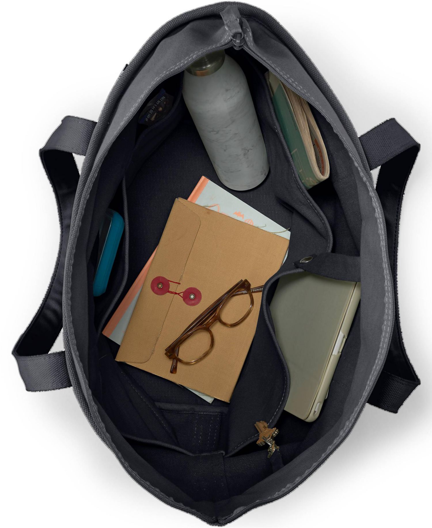 Large 5 Pocket Zip Top Long Handle Canvas Tote Bag