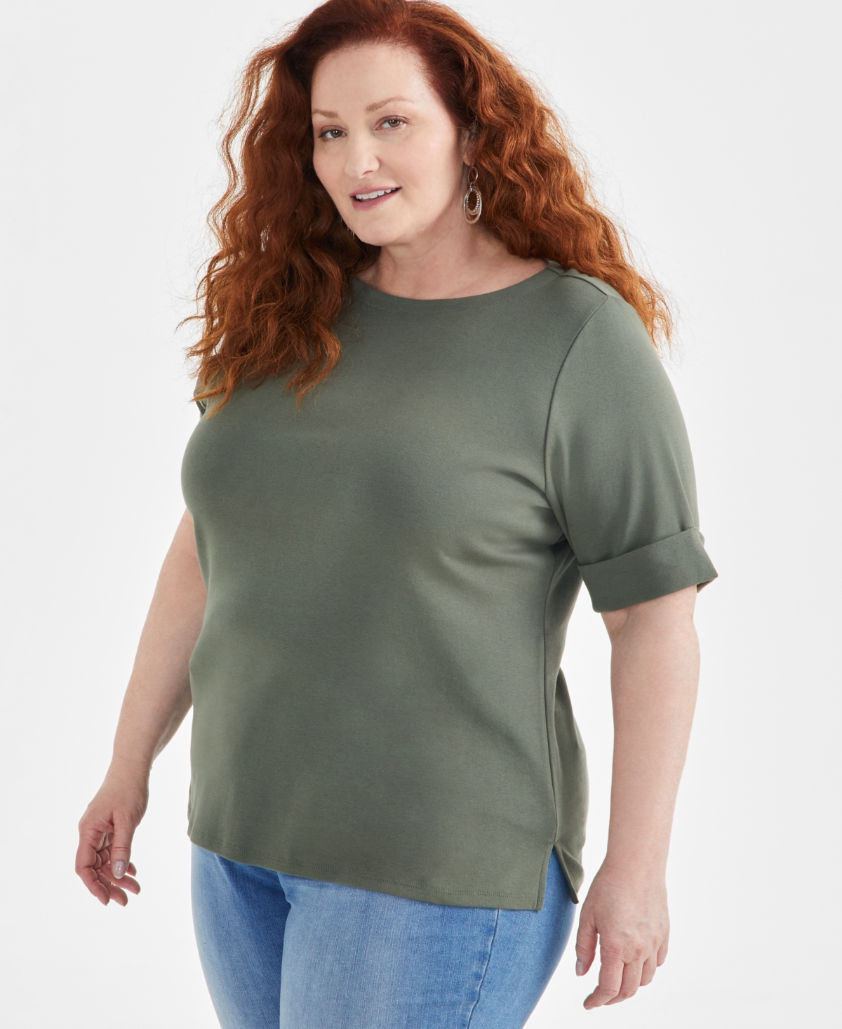 Style & Co Plus Size Boat-neck Elbow Sleeve Cotton Top, Exclusively At Macy's In Green