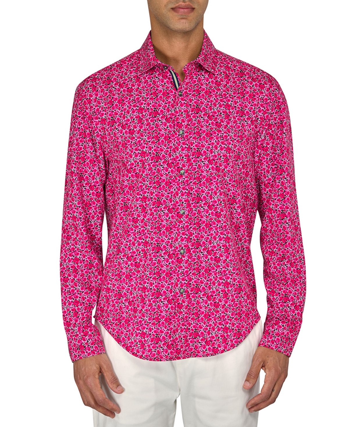 Men's Regular-Fit Non-Iron Performance Stretch Rose-Print Button-Down Shirt - Red