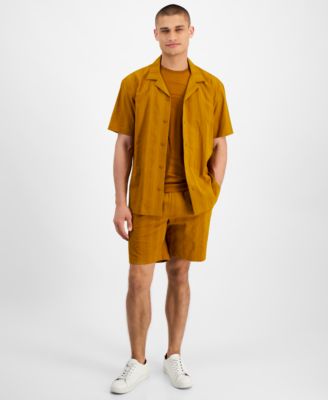 Alfani Mens Jacquard T Shirt Button Front Camp Shirt Drawstring Shorts Created For Macys In Light Amber