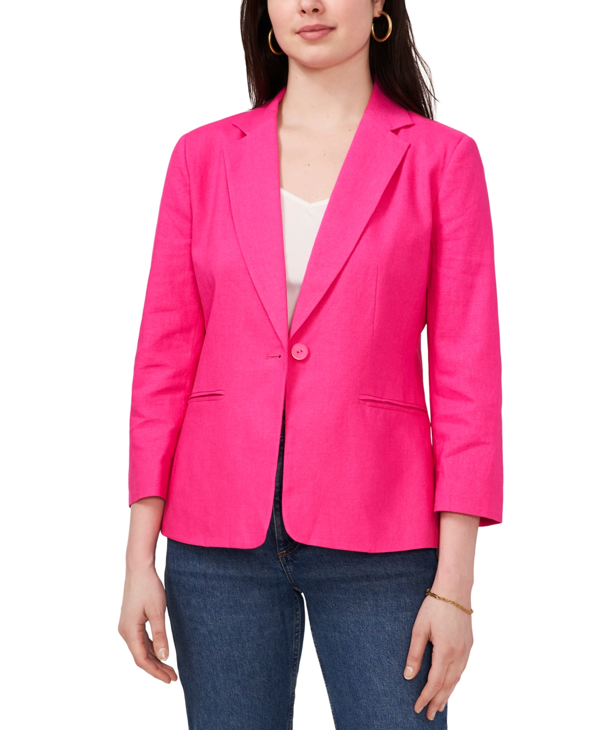 Shop Sam & Jess Women's Linen-blend 3/4 Sleeve Single-button Blazer In Hot Pink