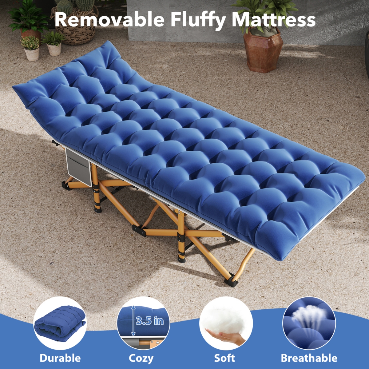 Folding Camping Cot with Removable Cotton Mattress for Office, Home and Beach, 450 lbs