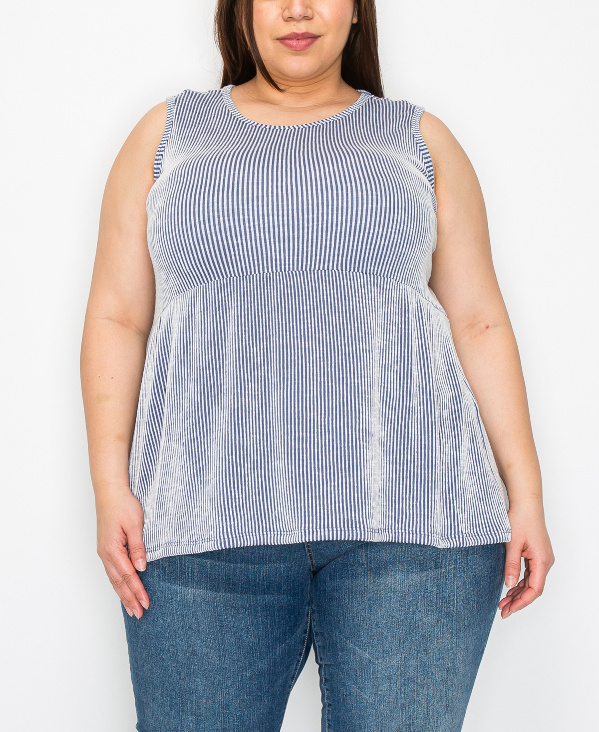Shop Coin 1804 Plus Size Span Rail Textured Stripe Baby Doll Tank Top In Denim Ivory