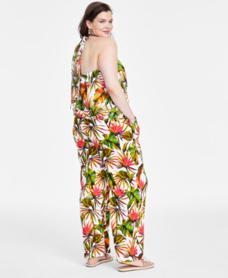 Inc International Concepts Plus Size Tie Front Halter Top Wide Leg Pants Created For Macys In Tropical Garden
