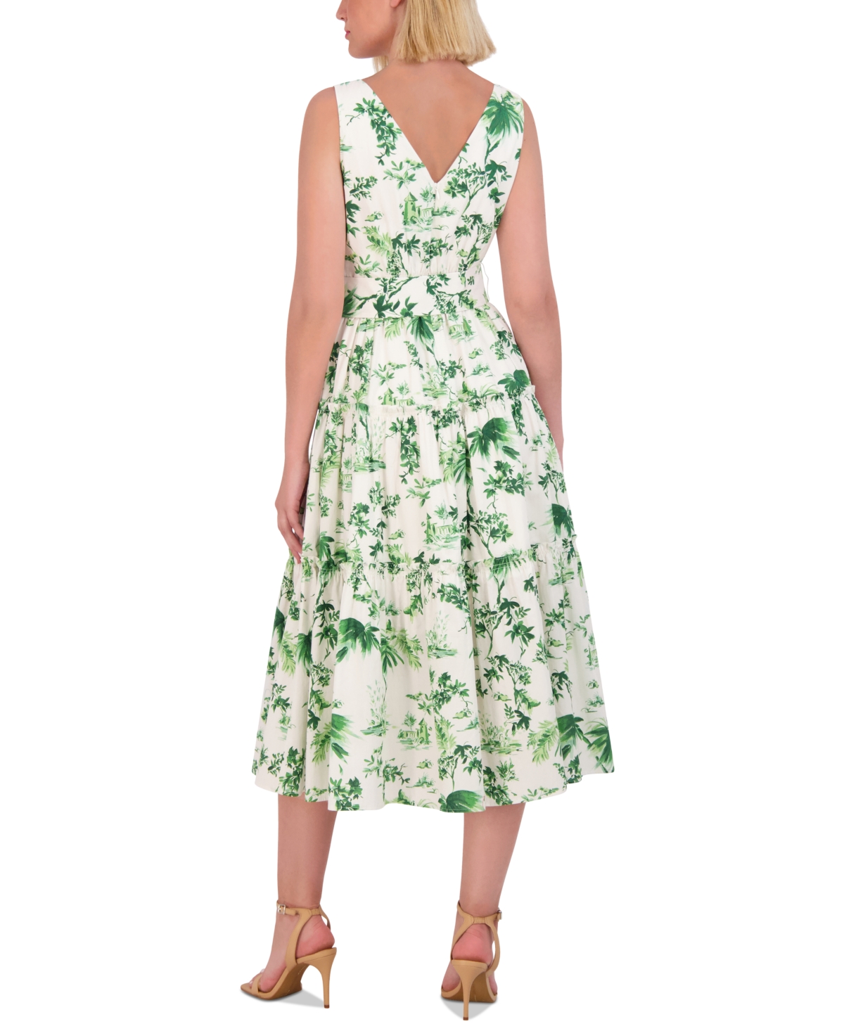 Shop Vince Camuto Women's Belted Printed V-neck Midi Dress In Green