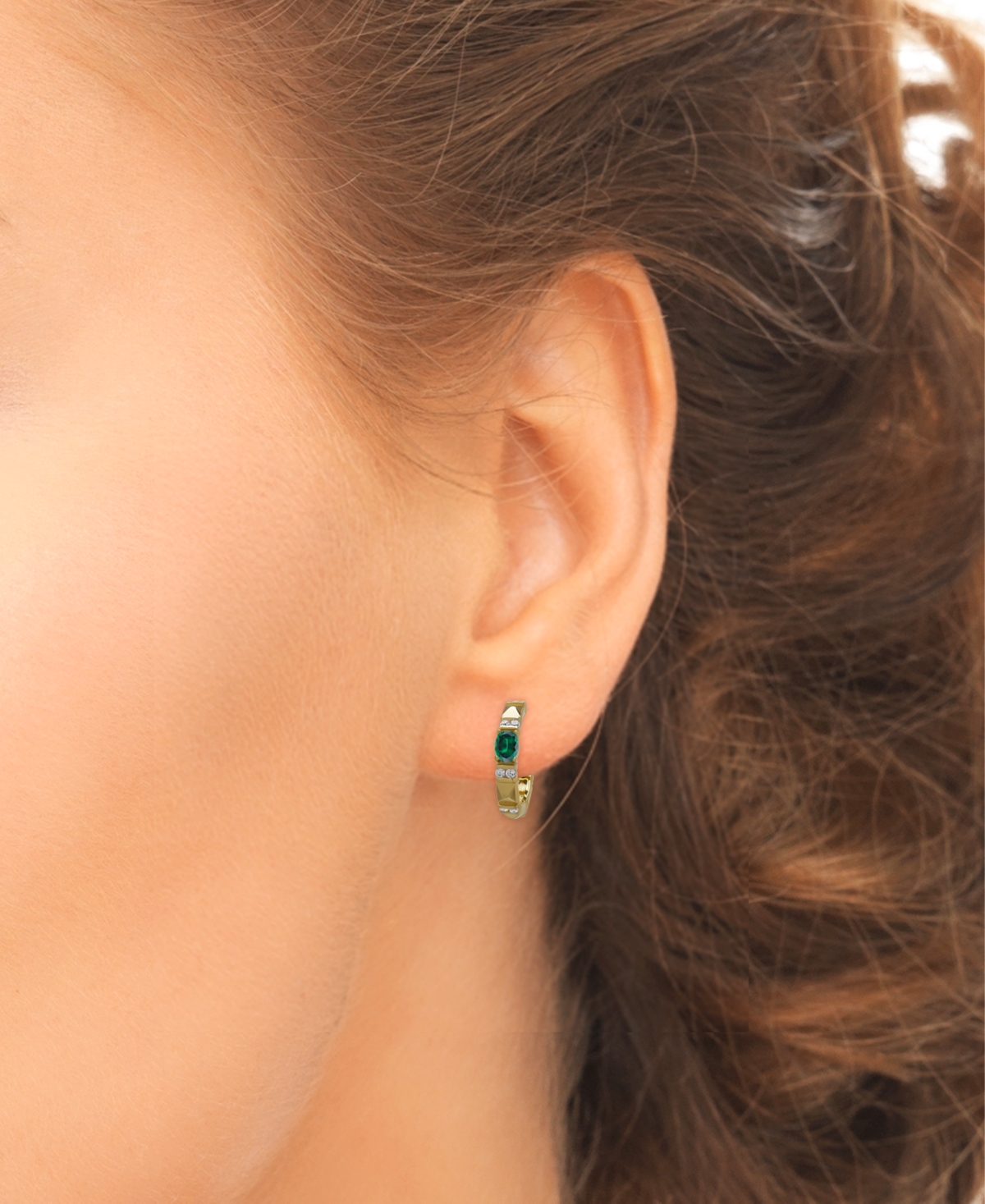 Shop Macy's Green Quartz (1/8 Ct. T.w.) & Lab Grown White Sapphire (1/4 Ct. T.w.) Pyramid Half Hoop Earrings In 
