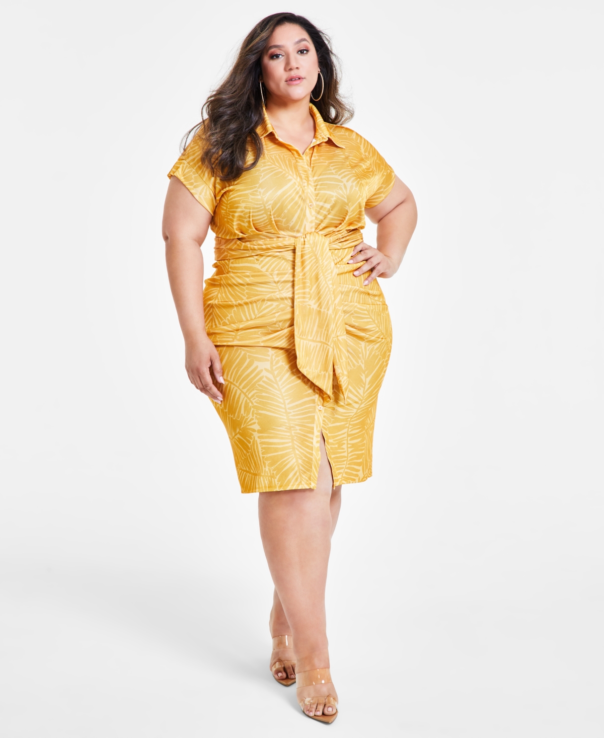 Shop Nina Parker Trendy Plus Size Tie-front Ruched Shirtdress In Golden Palm