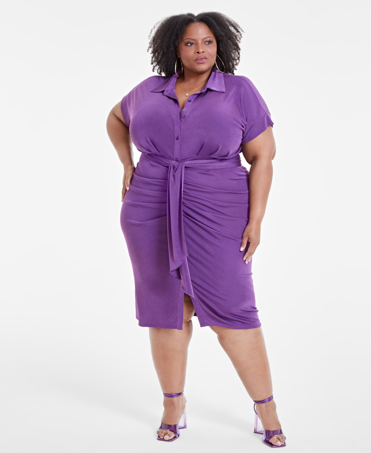 Shop Nina Parker Trendy Plus Size Tie-front Ruched Shirtdress In Imperial Purple