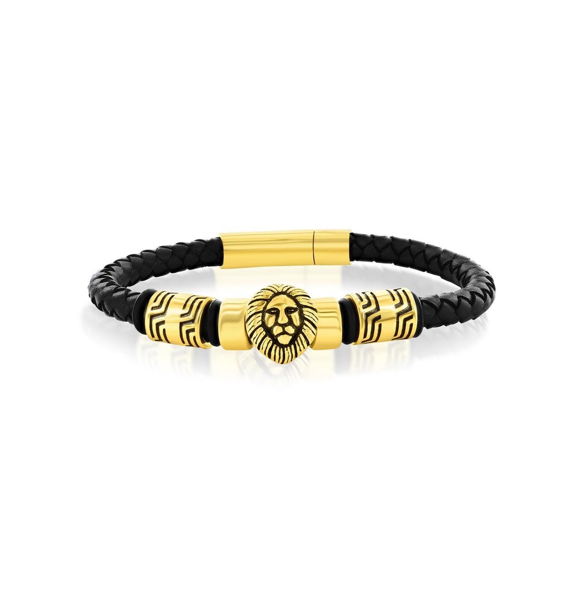 Stainless Steel Oxidized Lion with Genuine Leather Bracelet - Gold