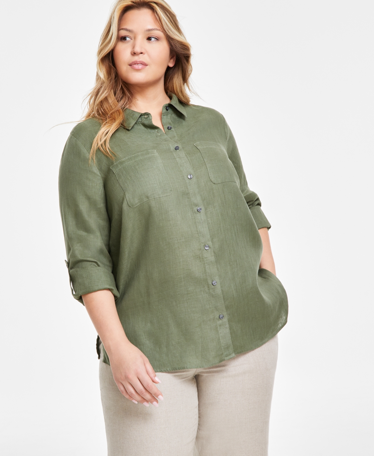 Charter Club Plus Size 100% Linen Roll-tab Shirt, Created For Macy's In Cool Olive