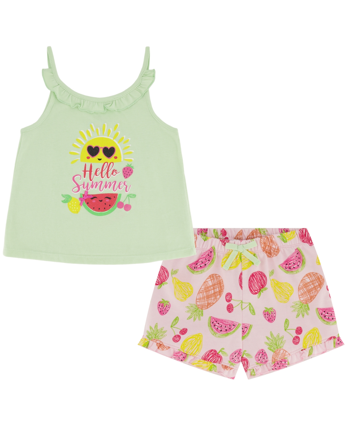 Shop Kids Headquarters Little Girls Hello Summer Tank & Ruffle-trim Printed Terry Shorts, 2 Piece Set In Assorted