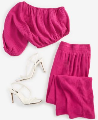 Dkny Jeans Womens One Shoulder Cropped Top High Rise Gauze Straight Leg Pants In Pbl - Pebble