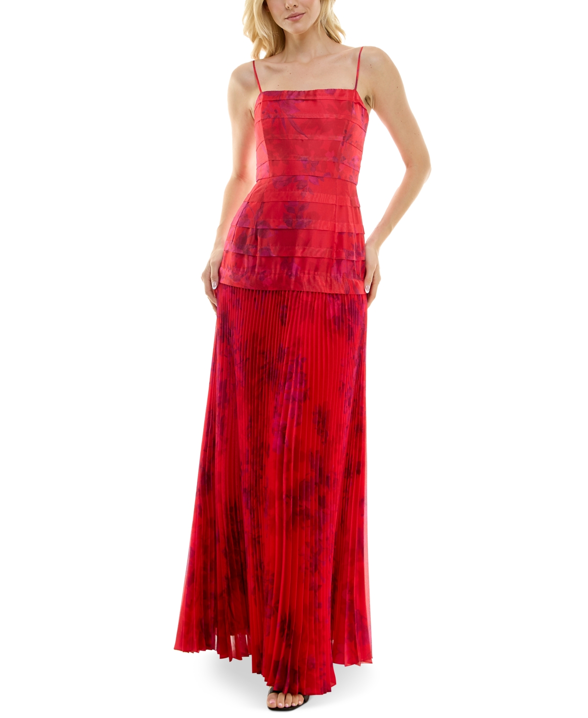 Women's Floral-Print Pleated Gown - Scarlet