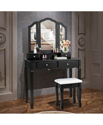 Tri Folding Mirror Vanity Table Stool Set with 4 Drawers and Cushioned Stool