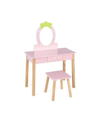 Kids Vanity Table and Chair Set with Drawer Shelf and Rabbit Mirror
