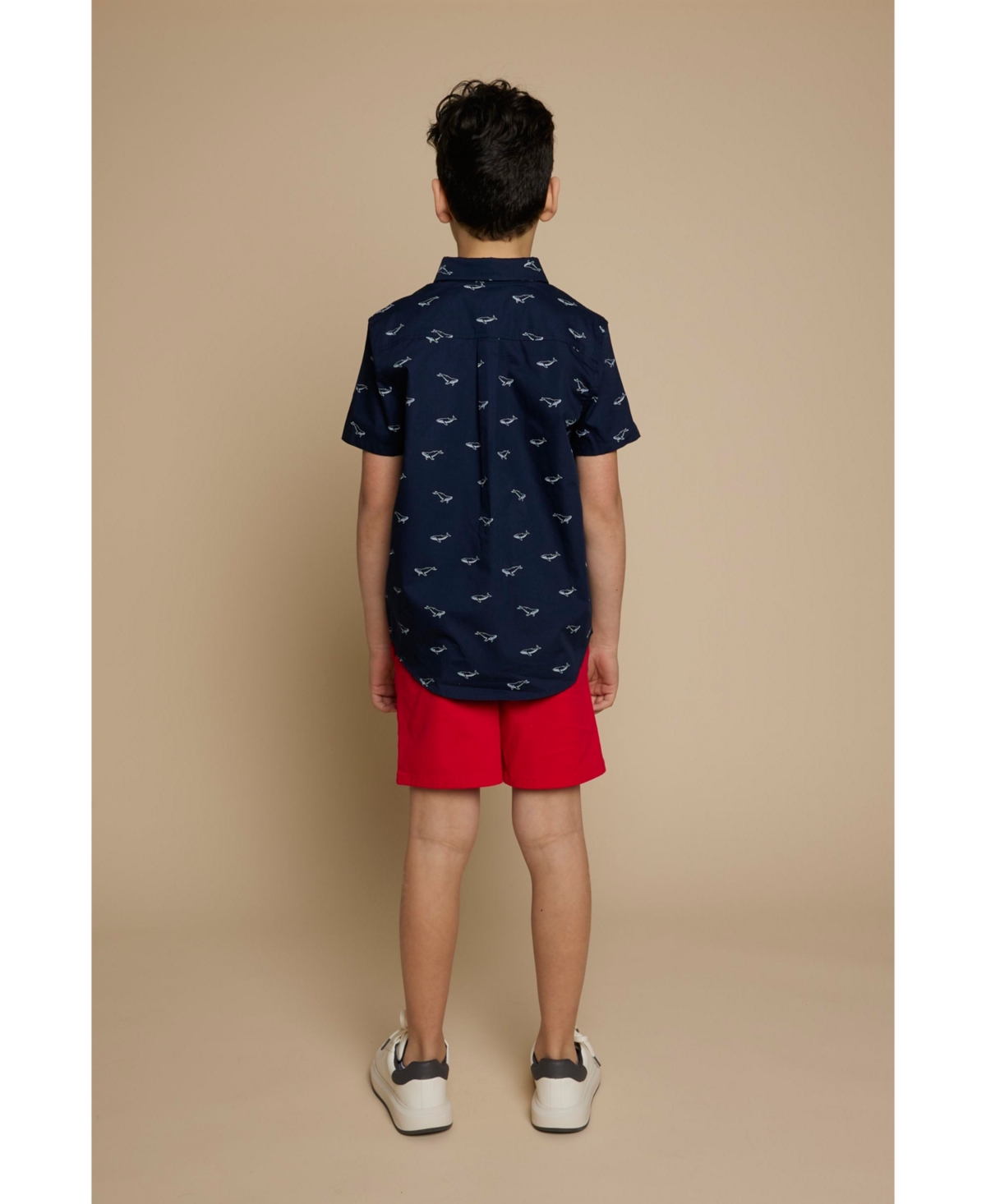 Shop Brooks Brothers B By  Big Boys Whale Print Woven Short Sleeve Poplin Shirt In Navy