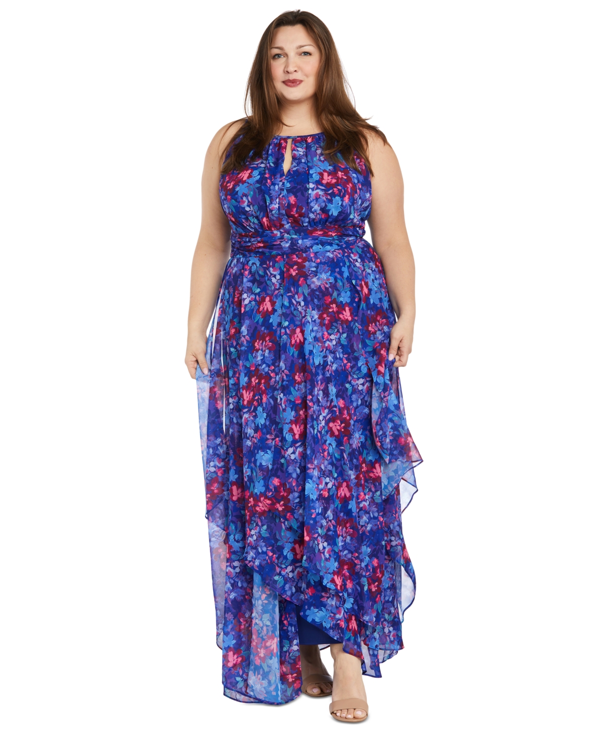 Shop R & M Richards Plus Size Floral-print Ruffled Maxi Dress In Royal