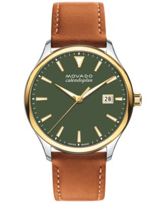 Movado - Men's Swiss Calendoplan Cognac Brown Leather Strap Watch 40mm