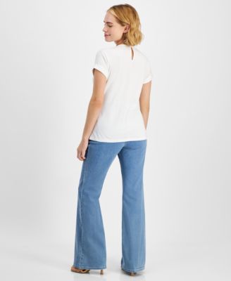 Shop Inc International Concepts Petite Rhinestone Embellished Top Flare Leg Jeans Created For Macys In Light Indigo