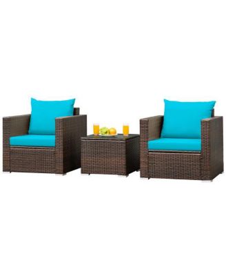 3 Pcs Patio Conversation Rattan Furniture Set with Cushion
