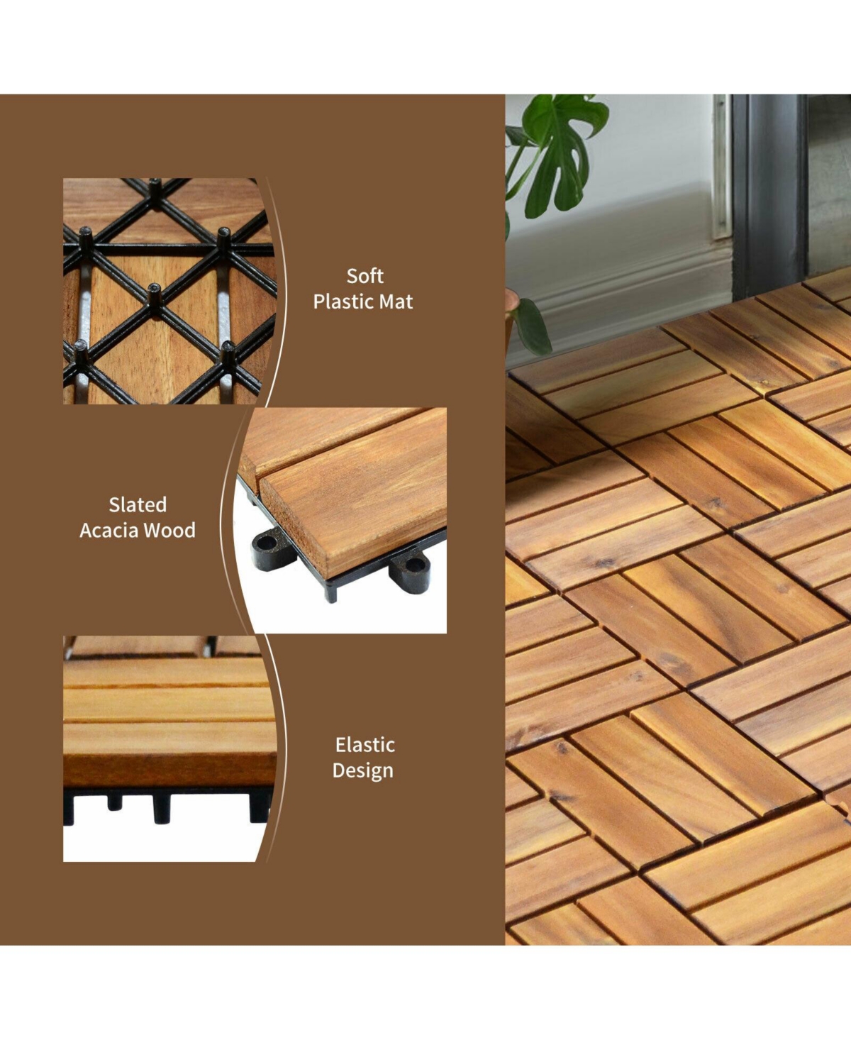 Slickblue 27 Pieces Acacia Wood Interlocking Patio Deck Tile-Square