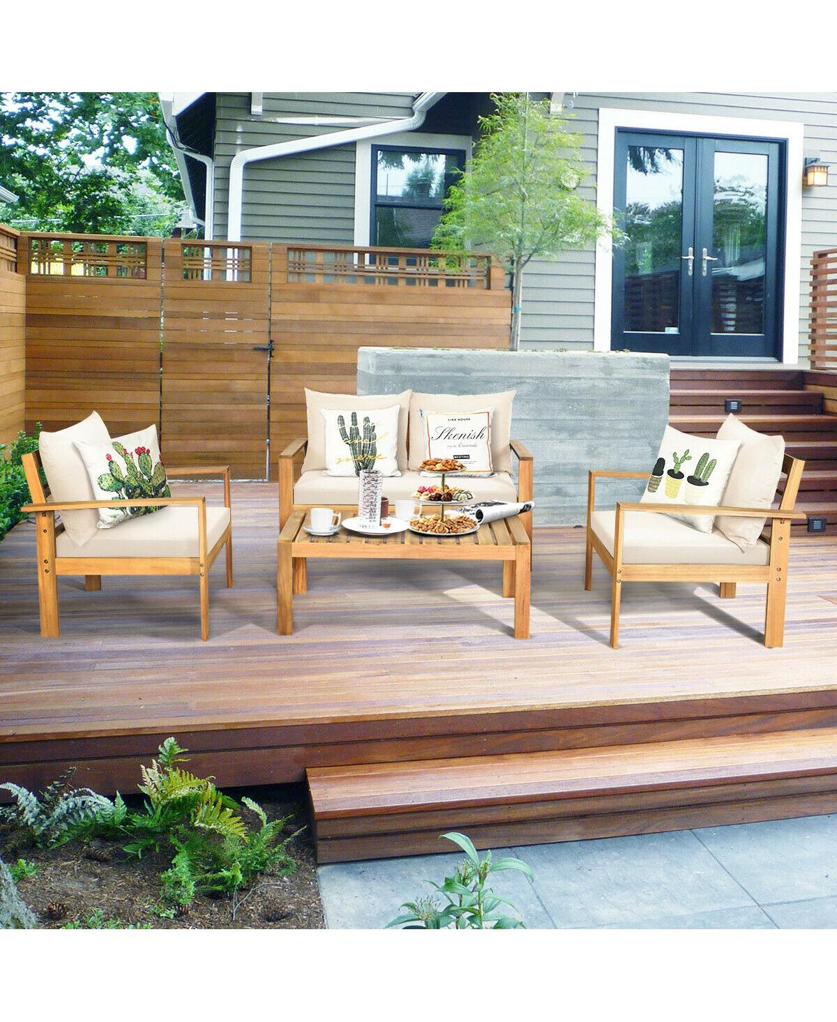 Slickblue Outdoor 4 Pieces Acacia Wood Chat Set with Water Resistant Cushions