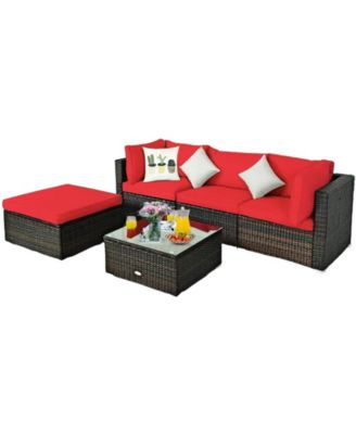 5 Pieces Outdoor Patio Rattan Furniture Set With Cushions-Red
