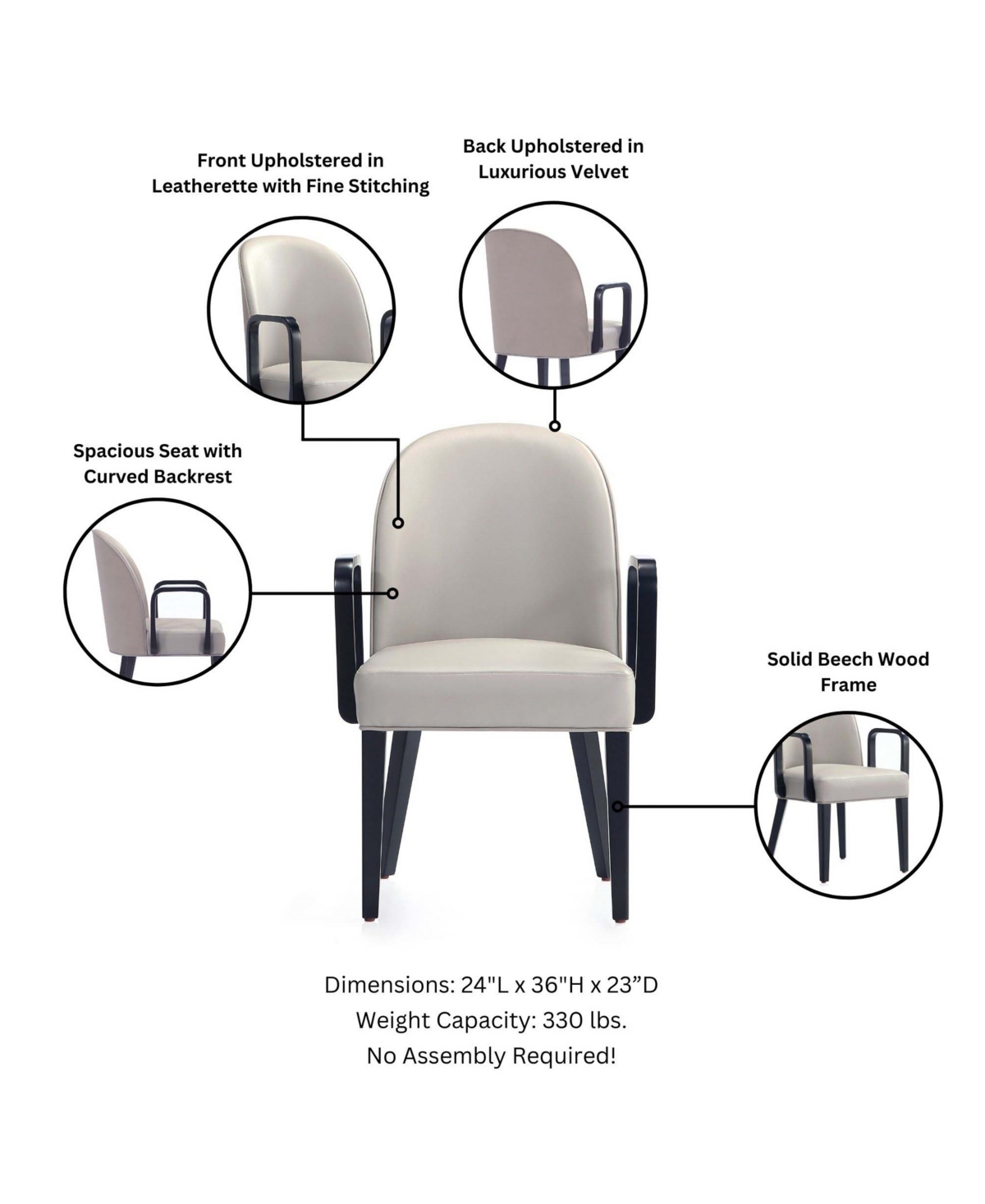 Manhattan Comfort Hillman 2-piece Leatherette And Velvet Upholstered Beech Wood Dining Armchair In Heather Gray