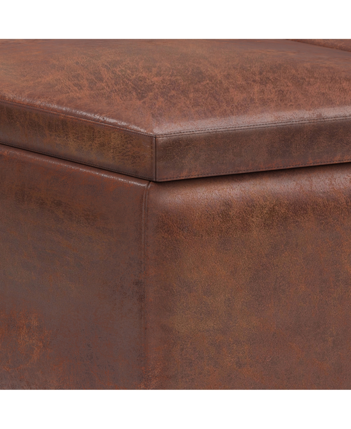 Simpli Home Owen Tray Top Small Coffee Table Storage Ottoman In Distressed Saddle Brown Pu Leather In Distressed Saddle Brown