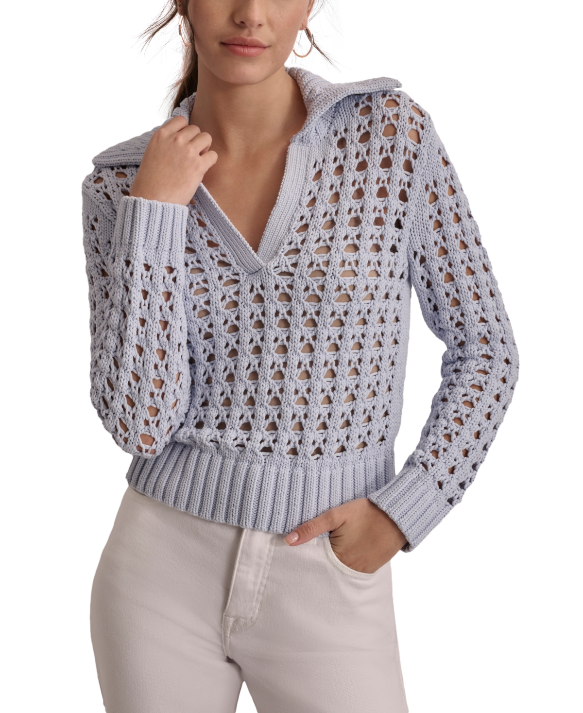 Women's Open-Stitch Knit Polo Sweater - WHITE