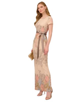 Women's Floral-Print Short Sleeve Satin Gown