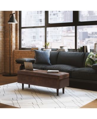 Shay Mid Century Rectangular Storage Ottoman in Distressed Chestnut Brown Pu Leather