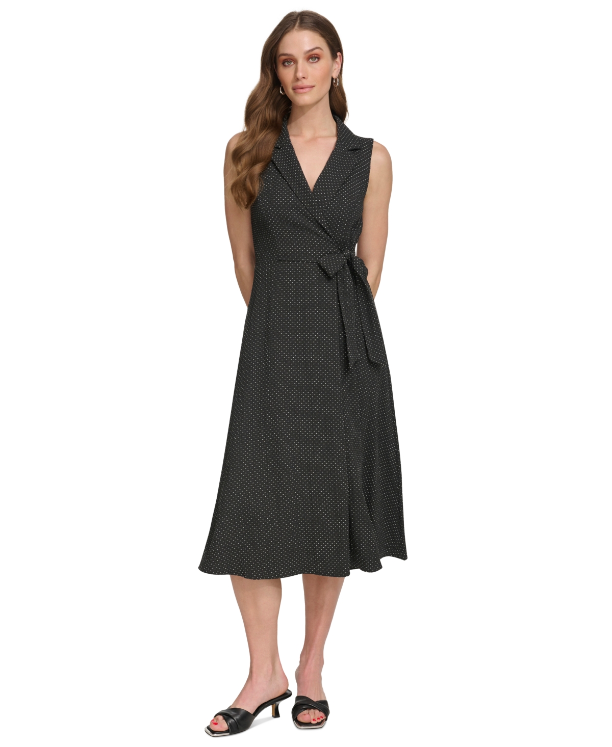 Women's Printed Tie-Waist Sleeveless A-Line Dress - Black/Cream