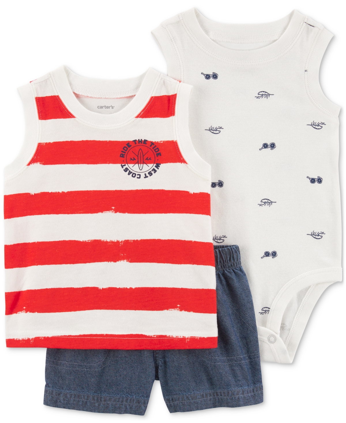Shop Carter's Baby Boys Cotton Ride The Tide Tank Top, Printed Bodysuit & Chambray Shorts, 3 Piece Set In Red,white,blue